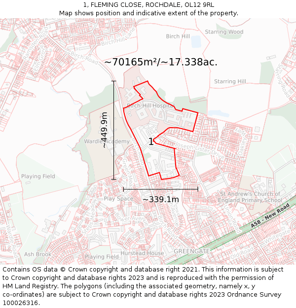 1, FLEMING CLOSE, ROCHDALE, OL12 9RL: Plot and title map