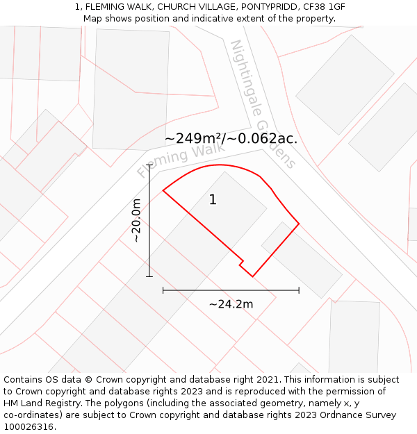 1, FLEMING WALK, CHURCH VILLAGE, PONTYPRIDD, CF38 1GF: Plot and title map