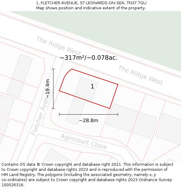 1, FLETCHER AVENUE, ST LEONARDS-ON-SEA, TN37 7QU: Plot and title map