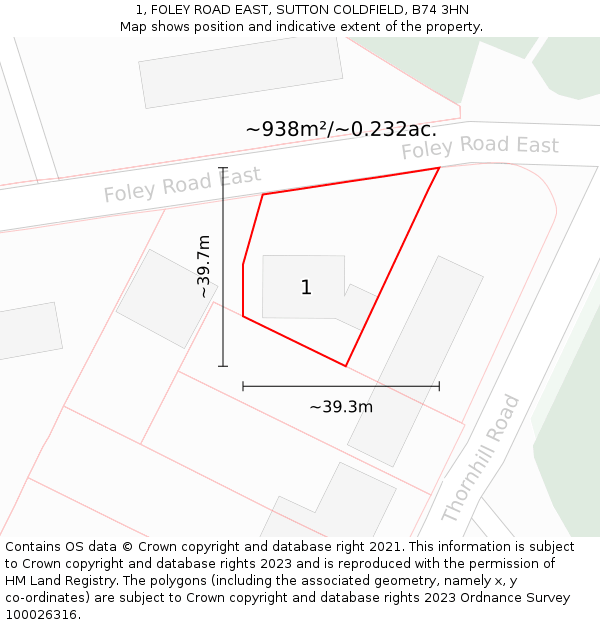 1, FOLEY ROAD EAST, SUTTON COLDFIELD, B74 3HN: Plot and title map