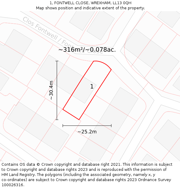 1, FONTWELL CLOSE, WREXHAM, LL13 0QH: Plot and title map