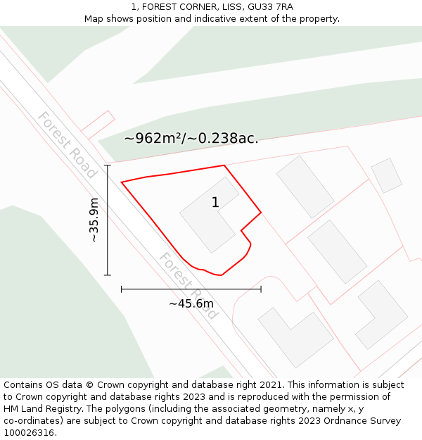 1, FOREST CORNER, LISS, GU33 7RA: Plot and title map