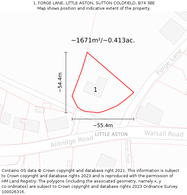 1, FORGE LANE, LITTLE ASTON, SUTTON COLDFIELD, B74 3BE: Plot and title map