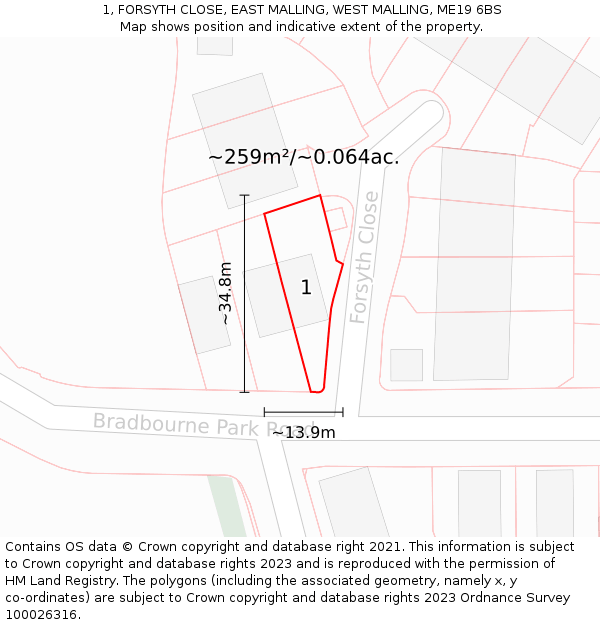 1, FORSYTH CLOSE, EAST MALLING, WEST MALLING, ME19 6BS: Plot and title map