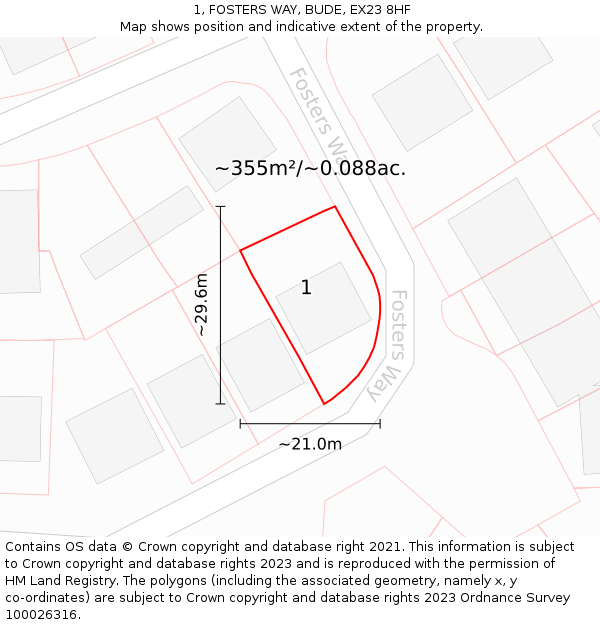 1, FOSTERS WAY, BUDE, EX23 8HF: Plot and title map