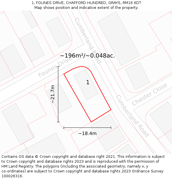 1, FOUNES DRIVE, CHAFFORD HUNDRED, GRAYS, RM16 6DT: Plot and title map