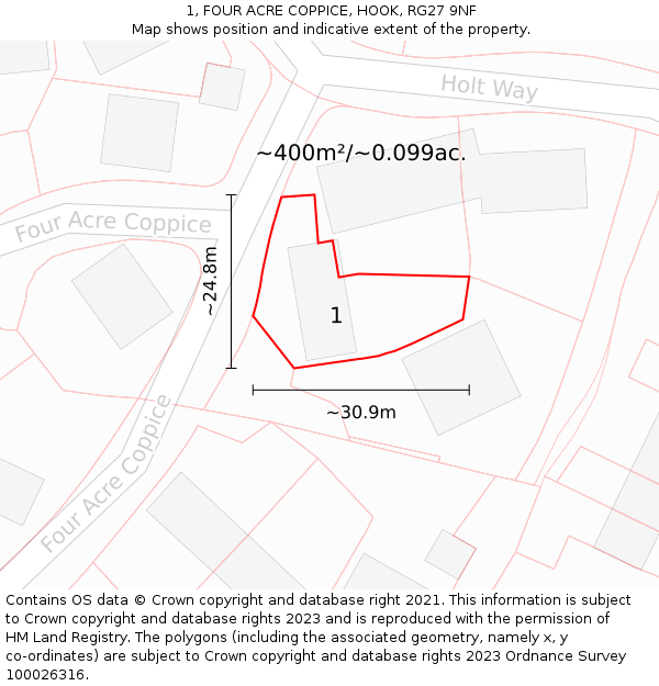 1, FOUR ACRE COPPICE, HOOK, RG27 9NF: Plot and title map