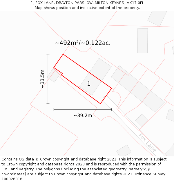 1, FOX LANE, DRAYTON PARSLOW, MILTON KEYNES, MK17 0FL: Plot and title map