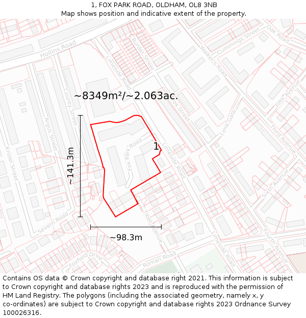 1, FOX PARK ROAD, OLDHAM, OL8 3NB: Plot and title map