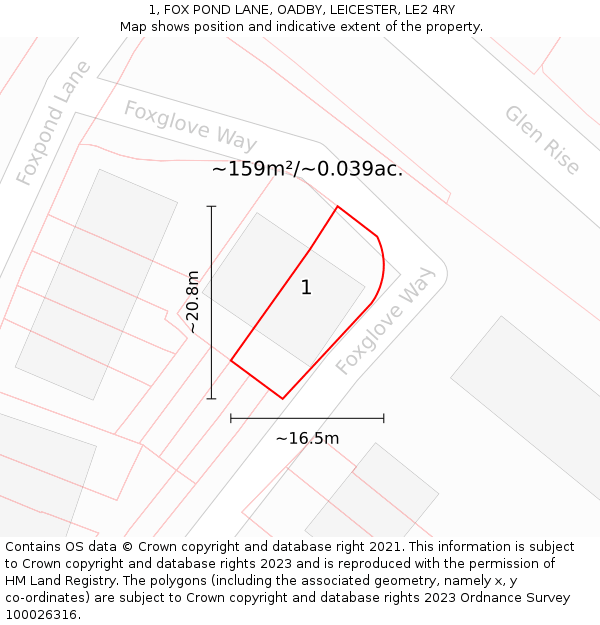 1, FOX POND LANE, OADBY, LEICESTER, LE2 4RY: Plot and title map