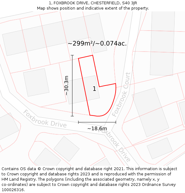 1, FOXBROOK DRIVE, CHESTERFIELD, S40 3JR: Plot and title map