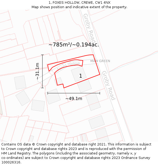 1, FOXES HOLLOW, CREWE, CW1 4NX: Plot and title map