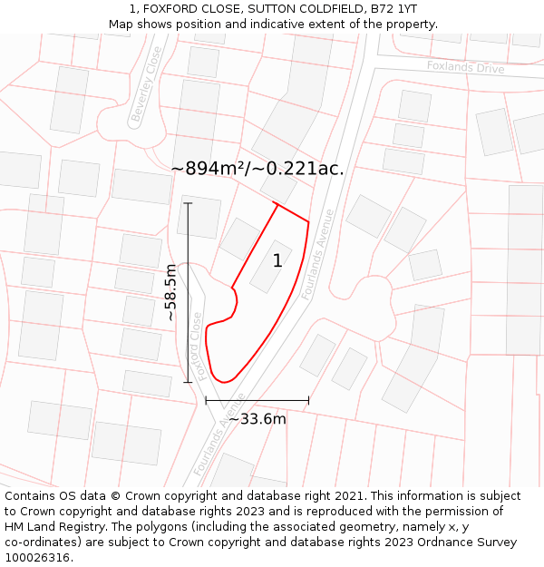 1, FOXFORD CLOSE, SUTTON COLDFIELD, B72 1YT: Plot and title map