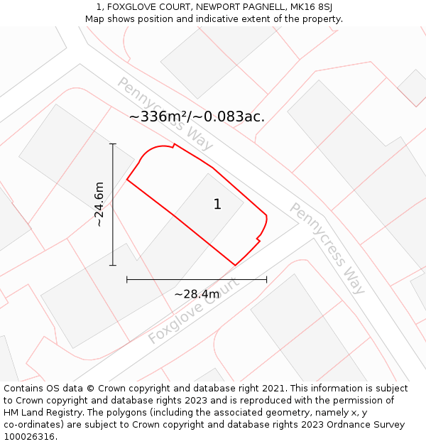 1, FOXGLOVE COURT, NEWPORT PAGNELL, MK16 8SJ: Plot and title map