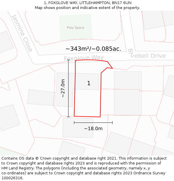 1, FOXGLOVE WAY, LITTLEHAMPTON, BN17 6UN: Plot and title map