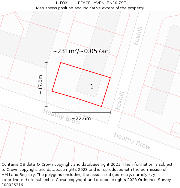 1, FOXHILL, PEACEHAVEN, BN10 7SE: Plot and title map