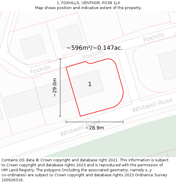 1, FOXHILLS, VENTNOR, PO38 1LX: Plot and title map