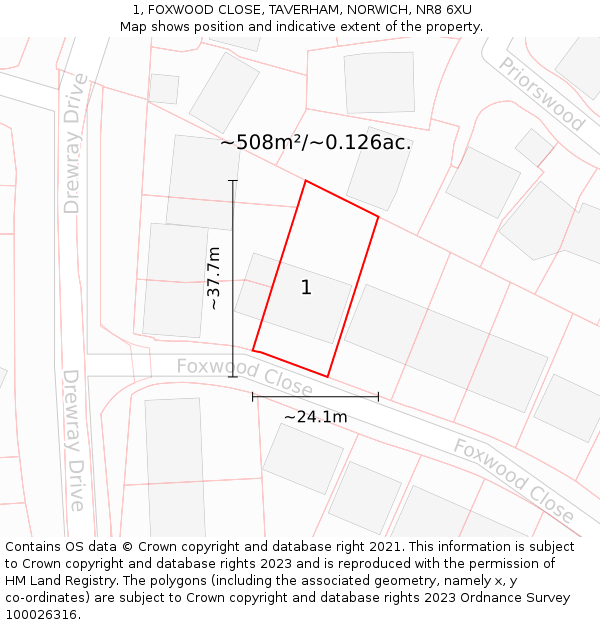 1, FOXWOOD CLOSE, TAVERHAM, NORWICH, NR8 6XU: Plot and title map