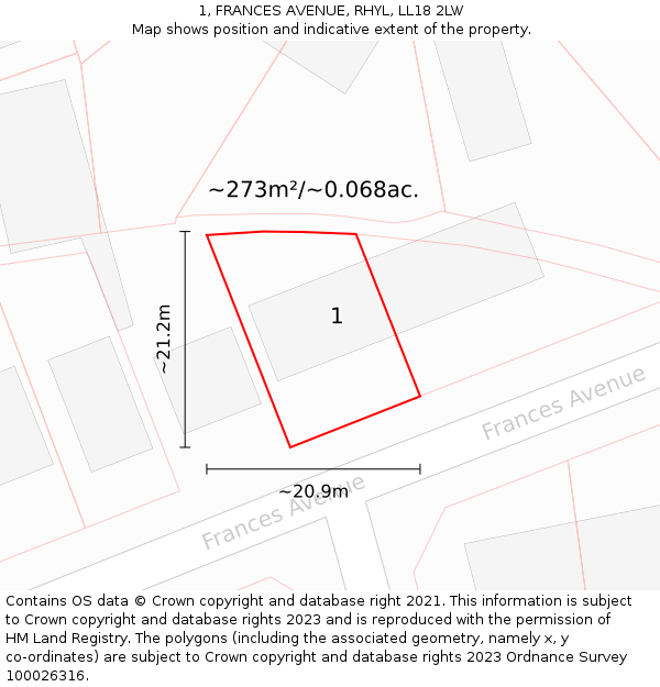 1, FRANCES AVENUE, RHYL, LL18 2LW: Plot and title map