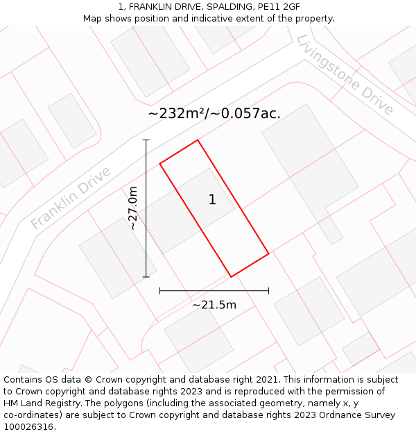 1, FRANKLIN DRIVE, SPALDING, PE11 2GF: Plot and title map