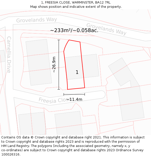 1, FREESIA CLOSE, WARMINSTER, BA12 7RL: Plot and title map