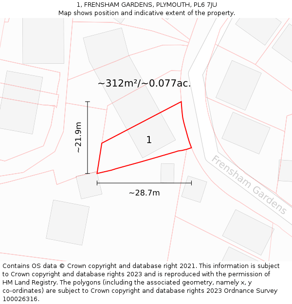 1, FRENSHAM GARDENS, PLYMOUTH, PL6 7JU: Plot and title map