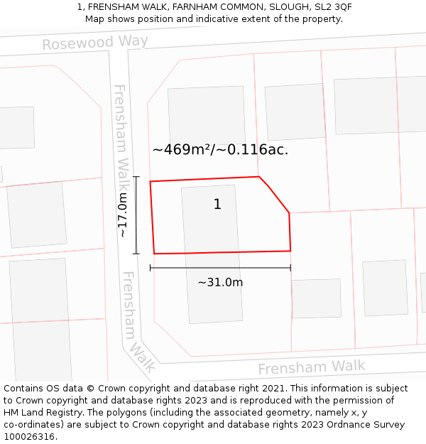 1, FRENSHAM WALK, FARNHAM COMMON, SLOUGH, SL2 3QF: Plot and title map