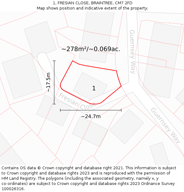 1, FRESIAN CLOSE, BRAINTREE, CM7 2FD: Plot and title map