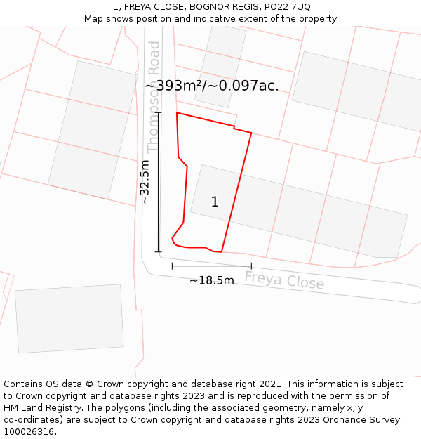 1, FREYA CLOSE, BOGNOR REGIS, PO22 7UQ: Plot and title map