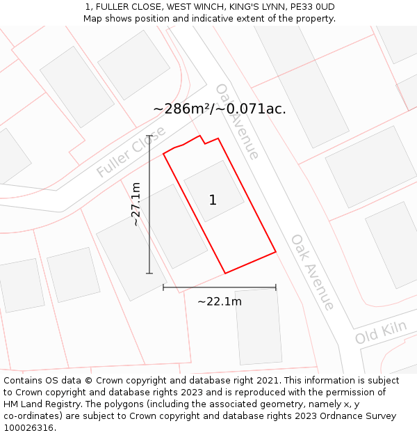 1, FULLER CLOSE, WEST WINCH, KING'S LYNN, PE33 0UD: Plot and title map