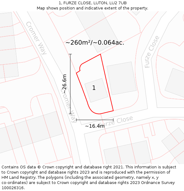 1, FURZE CLOSE, LUTON, LU2 7UB: Plot and title map