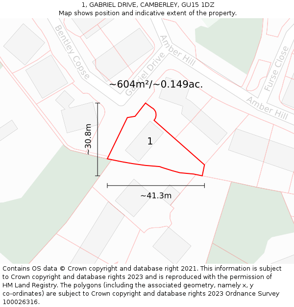 1, GABRIEL DRIVE, CAMBERLEY, GU15 1DZ: Plot and title map