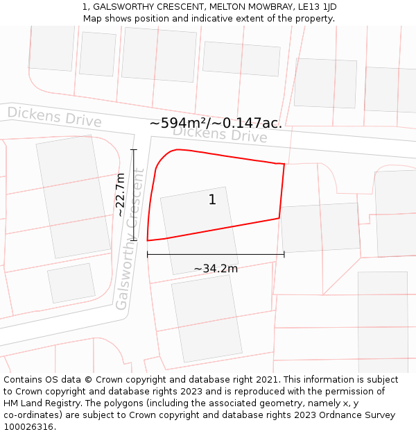 1, GALSWORTHY CRESCENT, MELTON MOWBRAY, LE13 1JD: Plot and title map