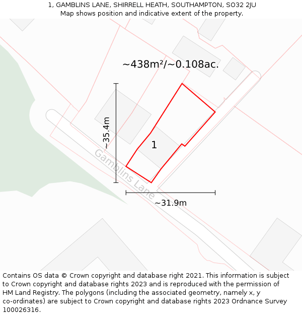 1, GAMBLINS LANE, SHIRRELL HEATH, SOUTHAMPTON, SO32 2JU: Plot and title map