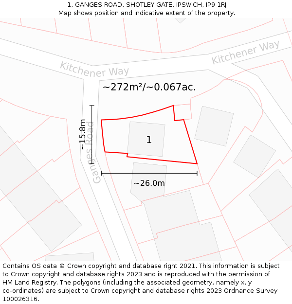 1, GANGES ROAD, SHOTLEY GATE, IPSWICH, IP9 1RJ: Plot and title map