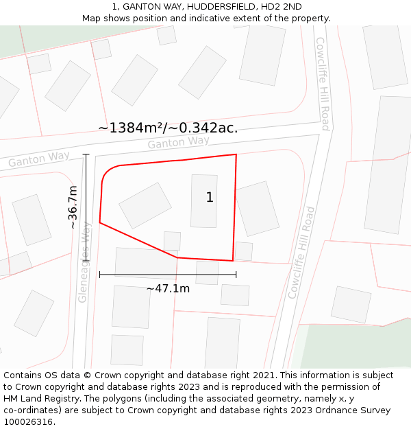 1, GANTON WAY, HUDDERSFIELD, HD2 2ND: Plot and title map