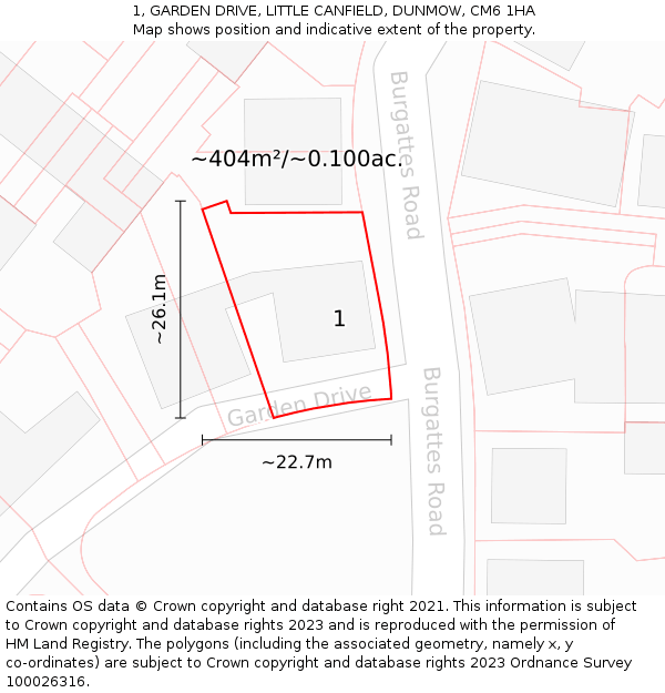 1, GARDEN DRIVE, LITTLE CANFIELD, DUNMOW, CM6 1HA: Plot and title map