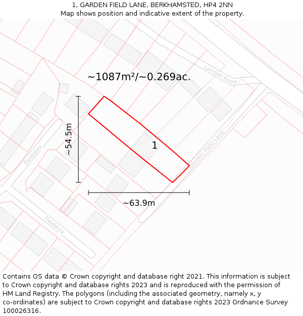 1, GARDEN FIELD LANE, BERKHAMSTED, HP4 2NN: Plot and title map