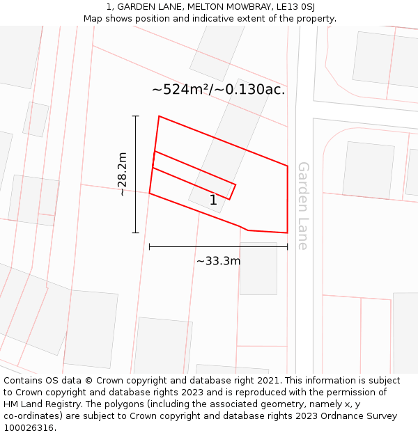 1, GARDEN LANE, MELTON MOWBRAY, LE13 0SJ: Plot and title map