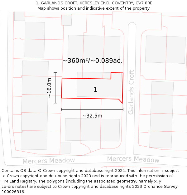 1, GARLANDS CROFT, KERESLEY END, COVENTRY, CV7 8RE: Plot and title map