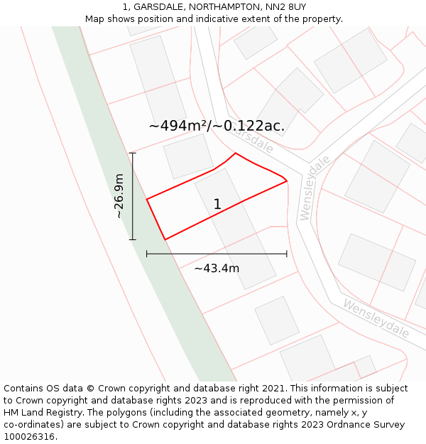 1, GARSDALE, NORTHAMPTON, NN2 8UY: Plot and title map
