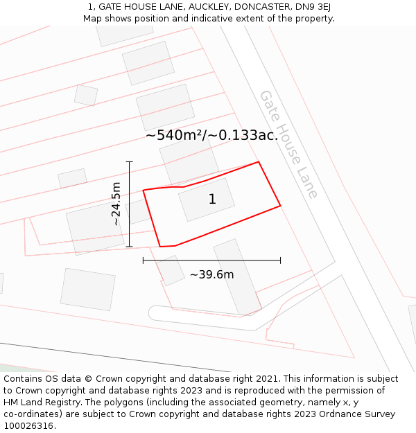 1, GATE HOUSE LANE, AUCKLEY, DONCASTER, DN9 3EJ: Plot and title map