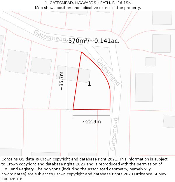 1, GATESMEAD, HAYWARDS HEATH, RH16 1SN: Plot and title map