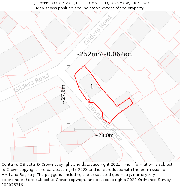 1, GAYNSFORD PLACE, LITTLE CANFIELD, DUNMOW, CM6 1WB: Plot and title map
