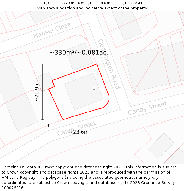 1, GEDDINGTON ROAD, PETERBOROUGH, PE2 9SH: Plot and title map