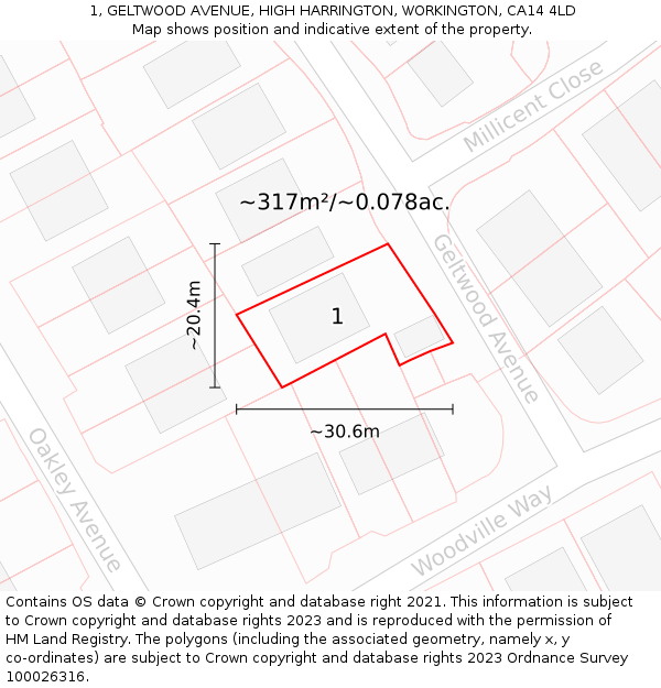 1, GELTWOOD AVENUE, HIGH HARRINGTON, WORKINGTON, CA14 4LD: Plot and title map