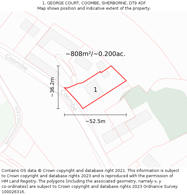 1, GEORGE COURT, COOMBE, SHERBORNE, DT9 4DF: Plot and title map