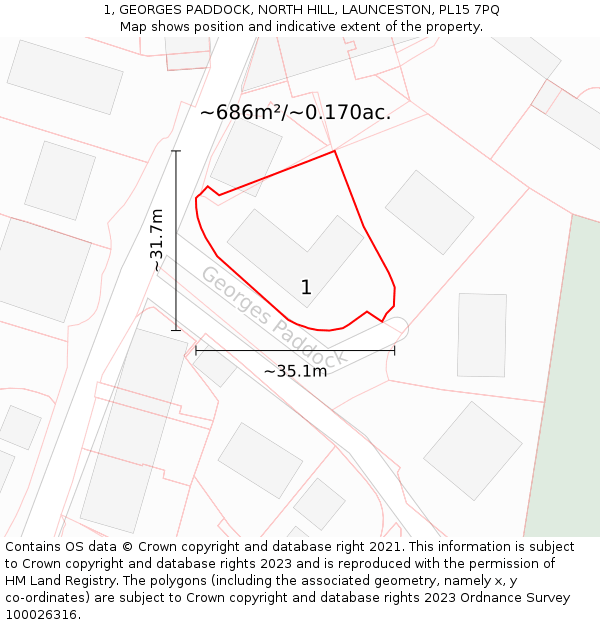 1, GEORGES PADDOCK, NORTH HILL, LAUNCESTON, PL15 7PQ: Plot and title map