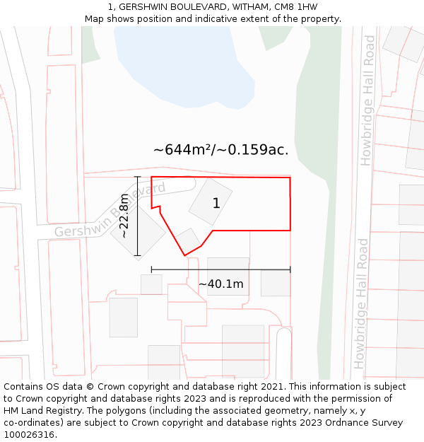 1, GERSHWIN BOULEVARD, WITHAM, CM8 1HW: Plot and title map