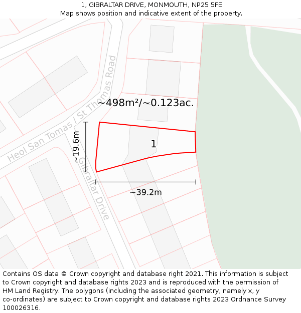 1, GIBRALTAR DRIVE, MONMOUTH, NP25 5FE: Plot and title map